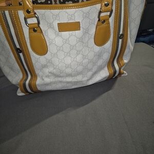 Gucci Cream Canvas Tote with Mustard Trim and Striped Accents